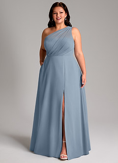 Azazie Phaedra Robes de demoiselle d'honneur Robe Trapèze en Mousseline de soie Ue épaule Bleu Poussiéreux image12