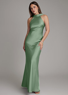 Azazie Dimitra Bridesmaid Dresses Matcha A-Line Pleated Stretch Satin Dress image1