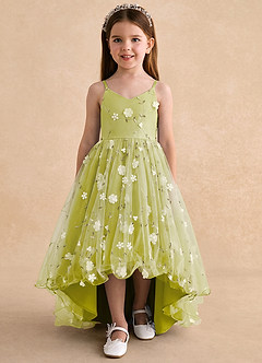 Azazie Celia Flower Girl Dresses Lemongrass A-Line Spaghetti Strap Tulle Dress image6