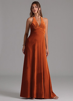 Azazie Tessie Vestidos de damas de honor Vestido de Naranja Quemada de terciopelo de Corte en A con Plisado image4
