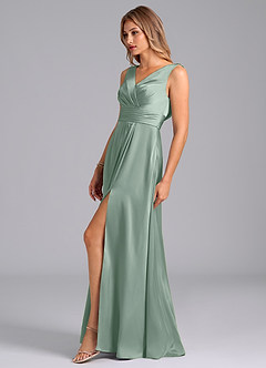 Azazie Karina Final Sale Agave A-Line Pleated Stretch Satin Dress image3