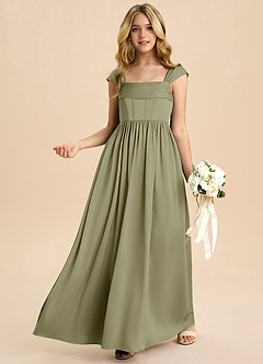 Azazie Hattie Junior Abito A-Line in Raso Elasticizzato Plissettato Pistacchio image4