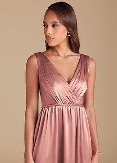 Azazie Tanicia Bridesmaid Dresses Dusty Rose A-Line Pleated Metallic Satin Dress image2