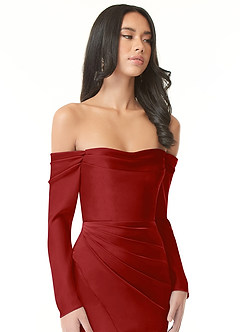 Azazie Hallie Bridesmaid Dresses Pomegranate Sheath Off-The-Shoulder Long Sleeve Stretch Satin Convertible Dress image1