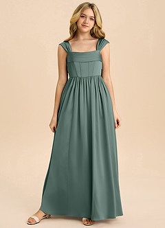 Azazie Hattie Junior Sea Moss A-Line Pleated Stretch Satin Dress image8