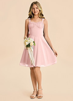 Azazie Arie Junior Powder Pink A-Line Ruched Chiffon Dress image4
