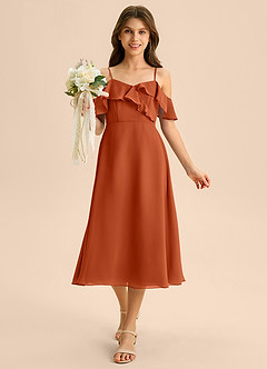 Azazie Kamilla Junior Abito A-Line in Chiffon a Spalla Scoperta Arancia Bruciata image4