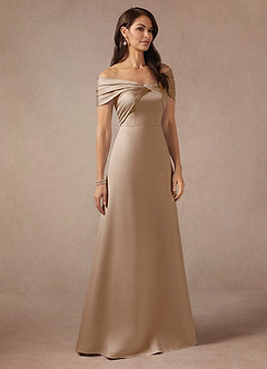 Azazie Amelia Mère de la mariée Robes Robe Trapèze en Satin extensible Épaule décolletée Taupe image4