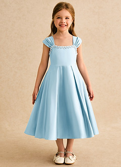Azazie Yosemite Blumenmädchenkleider Ballkleid Herzausschnitt Matte Satin Kleid Himmelblau image4