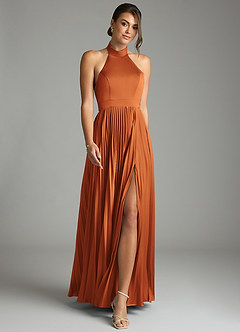 Azazie Zienna 신부 들러리 드레스 A라인 주름진 스트레치 새틴 바닥 길이 드레스 image4