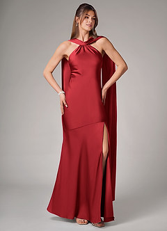 Azazie Kinsley Robes de demoiselle d'honneur Robe Sirène en Satin extensible Fente latérale Écarlate image5