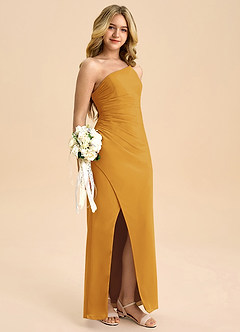 Azazie Eren Junior Vestido Caramelo de Chiffon de Linha A com Plissado image1