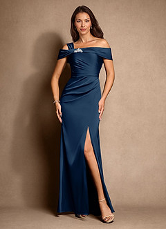 Azazie Altonia vestidos de madre de la novia Vestido de Azul Marino Oscuro de Satén Elástico de Sirena con Vestidos sin tirantes image4