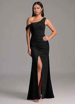Azazie Madelyn Robes de demoiselle d'honneur Robe Fourreau en velours Ue épaule Noir image1
