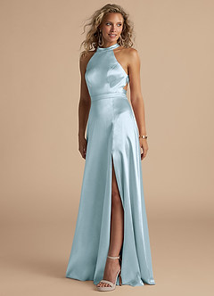 Azazie Clarice Bridesmaid Dresses Sky Blue A-Line High Neck Metallic Satin Dress image1