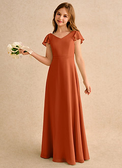Azazie Nari Girls Formal Robe Demoiselle D'honneur Fillette Robe Trapèze en Mousseline de soie avec manches Orange Brûlée image1