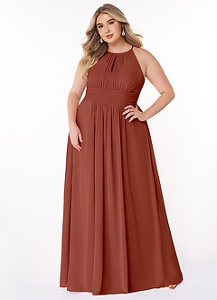 Azazie Bonnie Robes de demoiselle d'honneur Robe Trapèze en Mousseline de soie Trou de serrure froncé Auburn image6
