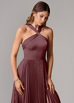 Azazie Afra Bridesmaid Dresses Sangria A-Line Pleated Stretch Satin Dress image5