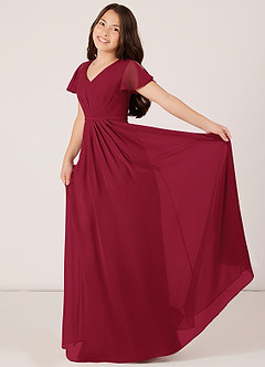 Azazie Peony Junior Burgundy A-Line Pleated Chiffon Dress image4