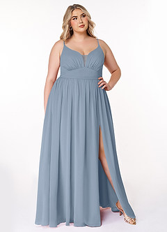Azazie Rayna Brautjungfernkleider A-Linie V-Hals Gefaltet Chiffon Kleid Staubblau image7