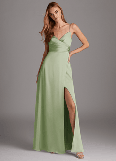 Azazie Calissa Final Sale Dusty Sage A-Line V-Neck Pleated Stretch Satin Dress image3
