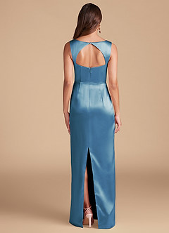 Azazie Flori Robes de demoiselle d'honneur Robe Fourreau en Satiné métallisé Fente Latérale Acier Bleuté image4