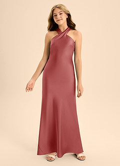 Azazie Doretta Junior A라인 주름진 스트레치 새틴 플로어 길이 주니어 신부 들러리 드레스 image4