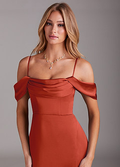 Azazie Saige Bridesmaid Dresses Rust Sheath Off the Shoulder Stretch Satin Dress image2