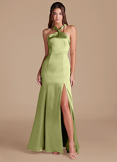 Azazie Rue Bridesmaid Dresses Pistachio Sheath Pleated Metallic Satin Dress image1