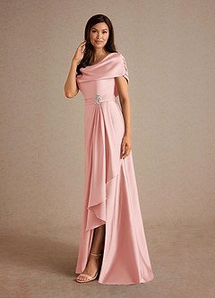 Azazie Branford Mother of the Bride Dresses Powder Pink A-Line Pleated Stretch Satin Dress image2