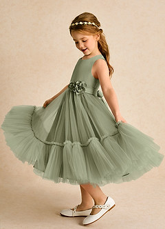 Azazie Miracle Blumenmädchenkleider A-Linie Schleifen Matte Satin Kleid Pistazie image1