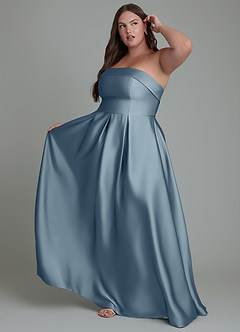Azazie Lucienne Jurken voor bruidsmeisjes Converteerbaar Jurk van Stretch Satijn met A-lijn Strapless Stoffig Blauw image9