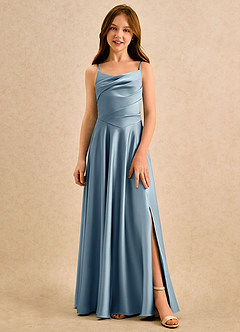 Azazie Coconut Girls Formal 플라워 걸 드레스 A라인 주름진 스트레치 새틴 플로어 길이 드레스 image1