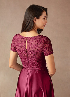 Azazie Adina Mother of the Bride Dresses Burgundy A-Line Lace Metallic Satin Dress image5