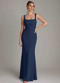 Azazie Agustina Robes de demoiselle d'honneur Robe Sirène en Mousseline de soie Corset Bleu Marine Foncé image1