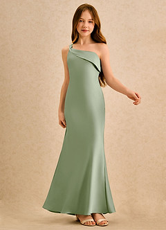 Azazie Almond Girls Formal Sukienki dla dziewczynek sypiących kwiaty Osłona Jedno ramię Satyna elastyczna Długość podłogi Sukienka image6