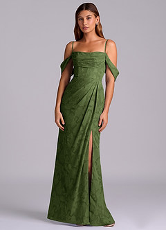 Azazie Johana Robes de demoiselle d'honneur Robe Sirène Convertible en Blumen-Burnout Épaule décolletée Olive image6