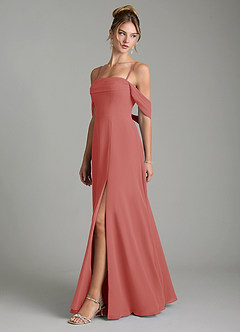 Azazie Mercedes Bridesmaid Dresses Antique Rose A-Line Off the Shoulder Chiffon Dress image4