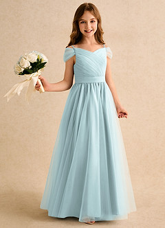 Azazie Yuna Girls Formal Abiti da Ragazza di Fiori Abito A-Line in Tulle a Spalla Scoperta Nebbia image1