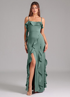 Azazie Malia Bridesmaid Dresses Eucalyptus A-Line Side Slit Stretch Satin Dress image3