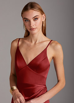 Azazie Shania Bridesmaid Dresses Pomegranate Sheath V-Neck Pleated Stretch Satin Dress image5