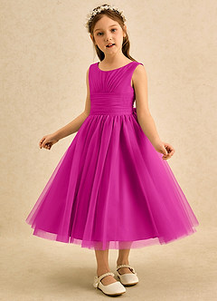 Azazie Macaron Robe Demoiselle D'honneur Fillette Robe Trapèze en Tulle Plissée Fuchsia image4