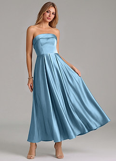 Azazie Lucienne Bridesmaid Dresses Steel Blue A-Line Pleated Stretch Satin Dress image7
