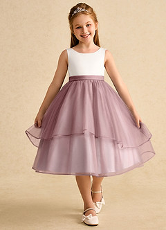 Azazie Rene Flower Girl Dresses Ivory Dusty Rose A-Line Bow Tulle Dress image4