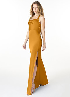 Azazie Myla Final Sale Butterscotch Sheath Cowl Keyhole Stretch Satin Dress image3