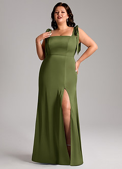 Azazie Frostine Bridesmaid Dresses Olive A-Line Bow Stretch Satin Dress image9