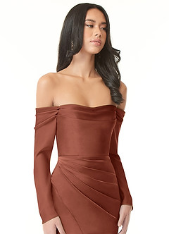 Azazie Hallie Bridesmaid Dresses Clay Sheath Off-The-Shoulder Long Sleeve Stretch Satin Convertible Dress image1