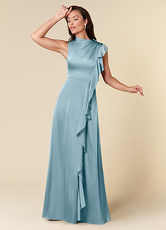 Azazie Narine Mother of the Bride Dresses Moody Blue A-Line High Neckline Pleated Stretch Satin Dress image1
