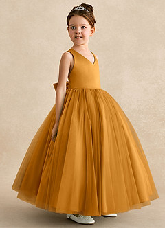 Azazie Peanut Robe Demoiselle D'honneur Fillette Robe Trapèze en Tulle Bretelle Caramel écossais image2