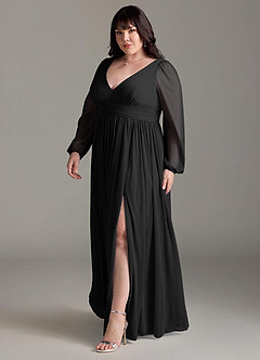 Azazie Norah Bridesmaid Dresses Black A-Line V-Neck Long Sleeve Chiffon Dress image11